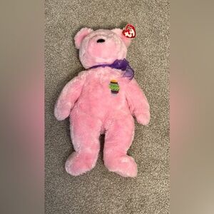 Ty Pink Plush Bear with Purple Bow